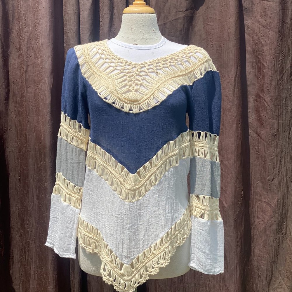 Boho Crochet Fringe Beach Blouse - Ocean Blue & Cream - Size M/L